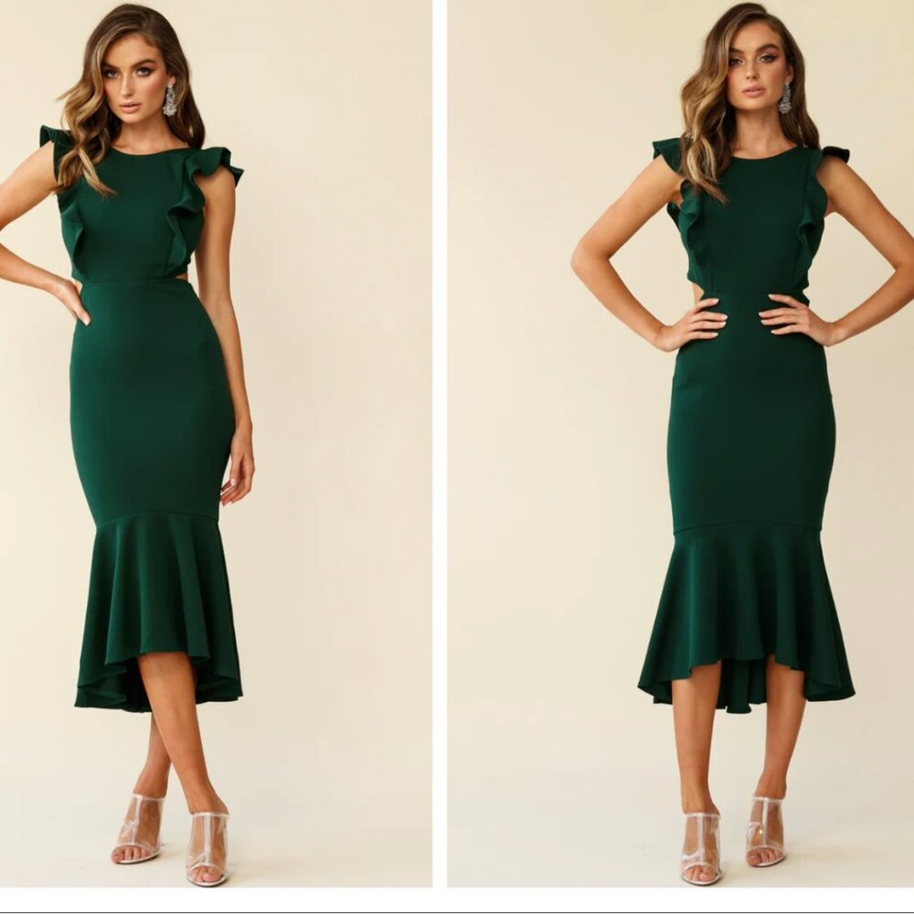 SELFIE LESLIE Jackie Wide Ruffle Hem Pinafore Midi Dress Forest Green